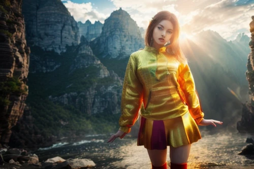 digital compositing,photo manipulation,photoshop manipulation,image manipulation,bjork,fantasy picture,mystical portrait of a girl,photomanipulation,anime japanese clothing,mulan,huangshan maofeng,lindsey stirling,asian vision,huangshan mountains,the spirit of the mountains,eleven,yellow jumpsuit,adobe photoshop,visual effect lighting,image editing