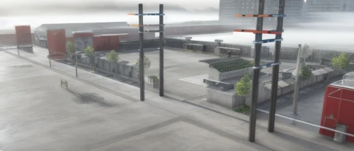 industrial area,industrial landscape,transport hub,ground fog,dense fog,bus stop,cargo port,cargo containers,foggy day,busstop,city corner,bus station,emission fog,urban,train station,fog,urban landscape,business district,city blocks,container terminal