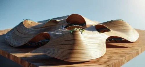 floating island,wave wood,admer dune,wooden construction,wooden roof,roof landscape,3d render,wooden sauna,wood and beach,sand waves,roof domes,wooden top,wooden sled,wooden sheep,wooden bowl,mushroom landscape,wood structure,wooden shelf,wooden birdhouse,slice of wood