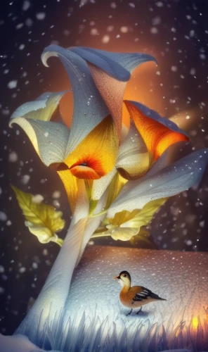 mushroom landscape,fantasy picture,snow scene,trumpet of the swan,winter dream,tulip on snow,3d fantasy,snow landscape,fantasy art,swan pair,fairy penguin,arctic birds,winter magic,charizard,glory of the snow,flying penguin,fairy tern,snow crocus,snowy still-life,elves flight