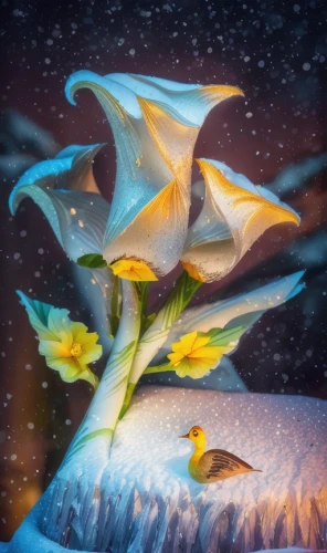 tulip on snow,eastern skunk cabbage,angel's trumpet,antarctic flora,aurora butterfly,large aurora butterfly,angels trumpet,datura,beach moonflower,ice flowers,angel's trumpets,flower of water-lily,fractals art,tulip tree bloom,snowy still-life,datura inoxia,flying seeds,fantasy picture,night-blooming cactus,ice planet