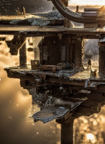 water reflection,reflection in water,wooden construction,puddle,boat yard,reflection of the surface of the water,mud village,reflections in water,sawmill,rusting,wooden bridge,old wooden boat at sunrise,houseboat,water wheel,salt mill,dock,wood mirror,water mill,industrial landscape,steel mill