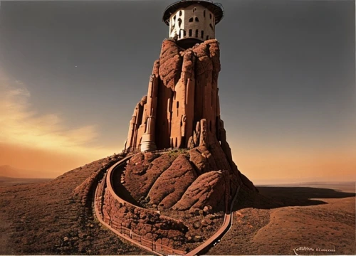 fairy chimney,electric lighthouse,lighthouse,mars probe,planet mars,red lighthouse,light house,watchtower,rock needle,petit minou lighthouse,mars rover,fire hydrant,watertower,photo manipulation,observation tower,mission to mars,water hydrant,red planet,image manipulation,mound of dirt