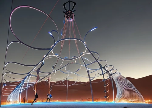 burning man,panoramical,kinetic art,electric tower,electric arc,steel sculpture,wind power generator,wind machines,cirque du soleil,light drawing,wind machine,wind generator,light art,energy field,drawing with light,drip castle,fireworks art,cellular tower,wire sculpture,solar cell base