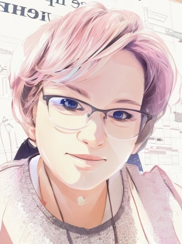 pink glasses,blonde sits and reads the newspaper,pink round frames,edit icon,hair coloring,with glasses,reading glasses,pink hair,darjeeling,color is changable in ps,png transparent,rose png,artist color,anime boy,fuki,pink paper,anime 3d,pink scrapbook,pink-purple,takato cherry blossoms