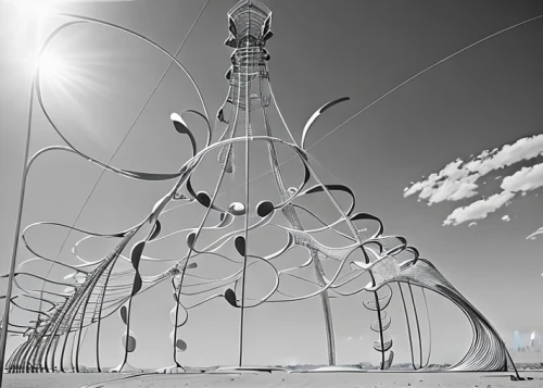 steel sculpture,wire sculpture,panoramical,kinetic art,wireframe graphics,wireframe,structure silhouette,burning man,cellular tower,public art,drip castle,futuristic architecture,electric tower,garden sculpture,harp strings,glass yard ornament,wire light,sculpture park,structure artistic,dna helix