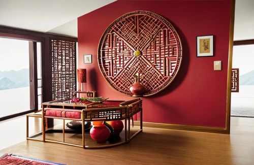 interior decoration,ethnic design,patterned wood decoration,interior decor,decorative fan,red lantern,room divider,japanese-style room,dharma wheel,bamboo curtain,contemporary decor,rattan,modern decor,interior design,east indian pattern,decor,sitting room,bhutan,landscape red,nepal