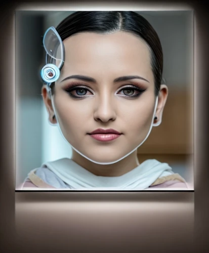 artificial hair integrations,image manipulation,doll looking in mirror,eyes makeup,doll's facial features,vintage makeup,custom portrait,makeup artist,image editing,tiktok icon,realdoll,portrait photographers,doll head,miss circassian,female doll,dollhouse accessory,fashion doll,bridal accessory,geisha,bridal jewelry