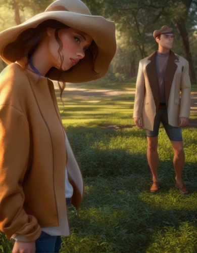 vintage man and woman,trench coat,suitcase in field,clover jackets,spy,overcoat,3d rendered,country dress,park ranger,digital compositing,woman in menswear,brown hat,girl walking away,man and woman,shepherd romance,countrygirl,a pedestrian,b3d,3d render,farmer in the woods