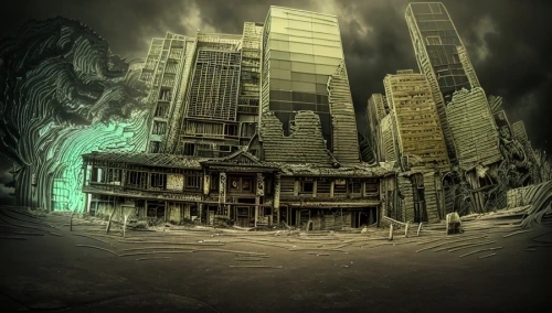 apocalyptic,post-apocalyptic landscape,destroyed city,post apocalyptic,black city,kowloon city,doomsday,dystopian,photomanipulation,sci fiction illustration,post-apocalypse,metropolis,photo manipulation,photomontage,end of the world,ghost town,digital compositing,dystopia,fantasy city,background image