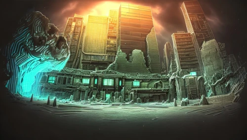 sci fiction illustration,destroyed city,black city,post-apocalyptic landscape,game illustration,shard of glass,kowloon city,digital compositing,backgrounds,metropolis,background image,wuhan''s virus,apocalyptic,doomsday,dystopian,fractal environment,concept art,world digital painting,transistor,post apocalyptic