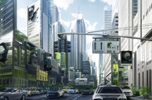 smart city,city highway,automotive navigation system,urban design,urban development,autonomous driving,urbanization,city scape,business district,urban landscape,pedestrian lights,futuristic architecture,city corner,futuristic landscape,street canyon,transport and traffic,street view,electric mobility,intersection,city car