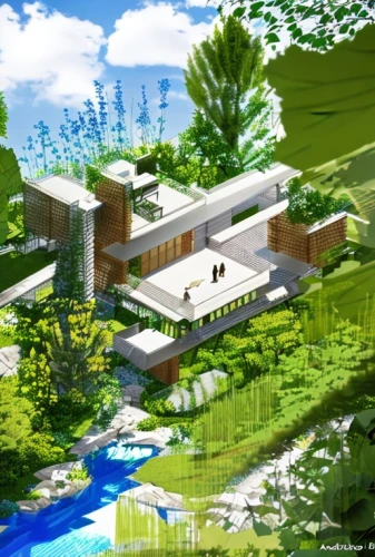 ginkaku-ji,school design,3d rendering,japanese architecture,aqua studio,archidaily,japanese zen garden,eco hotel,hydropower plant,render,resort,modern house,ryokan,asian architecture,kirrarchitecture,3d rendered,3d render,house with lake,eco-construction,residential