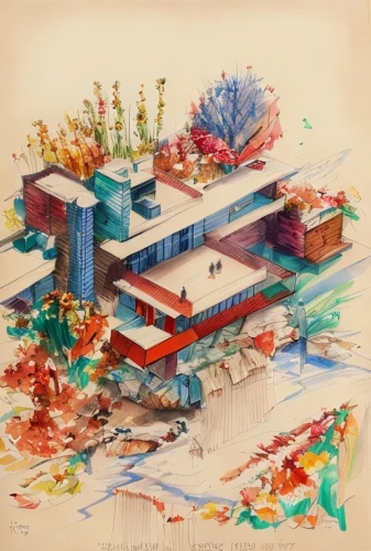 palace of knossos,matruschka,shirakami-sanchi,model years 1958 to 1967,khokhloma painting,1965,1967,plan,1971,cd cover,senso-ji,mid century modern,scale model,construction set,1973,isometric,changgyeonggung palace,aerial landscape,oriental painting,composite