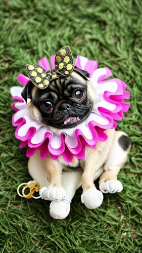 pug,animals play dress-up,pekingese,haute couture,toy bulldog,quinceañera,flower animal,hula,canine rose,the french bulldog,frida,dog toy,shih tzu,lampenpuzergras,barongsai,chinese imperial dog,luau,costume accessory,female dog,jazz frog garden ornament