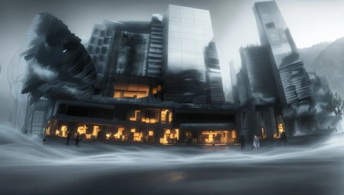 winter house,ice castle,snowhotel,snow house,destroyed city,fractal environment,world digital painting,concept art,ice hotel,digital compositing,imperial shores,fantasy city,snowstorm,lostplace,black city,northrend,winter background,hashima,ancient city,post-apocalyptic landscape