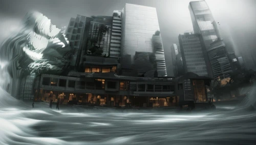 storm surge,hurricane benilde,sci fiction illustration,destroyed city,the storm of the invasion,apocalyptic,world digital painting,harbour city,submerged,cube sea,black city,e-flood,flood,flooded,ghost ship,fantasy city,digital compositing,photo manipulation,sea storm,photomanipulation