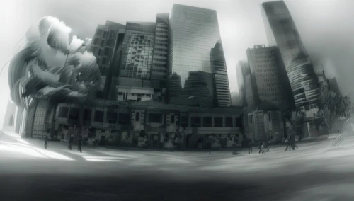 panoramical,sci fiction illustration,world digital painting,metropolis,black city,gray-scale,destroyed city,skycraper,apocalyptic,dystopian,concept art,city scape,game illustration,dystopia,tall buildings,post-apocalyptic landscape,macroperspective,fantasy city,cityscape,game drawing