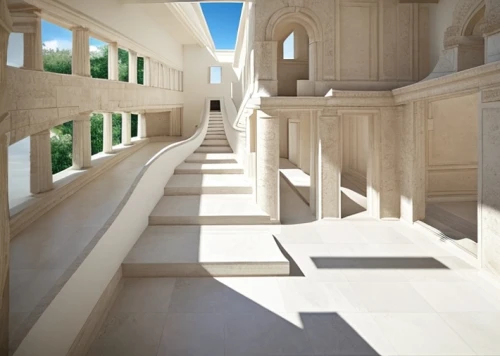 marble palace,3d rendering,classical architecture,colonnade,doric columns,columns,daylighting,mortuary temple,neoclassical,cloister,inside courtyard,kirrarchitecture,greek temple,pillars,corridor,archidaily,white temple,bernini's colonnade,block balcony,hallway space