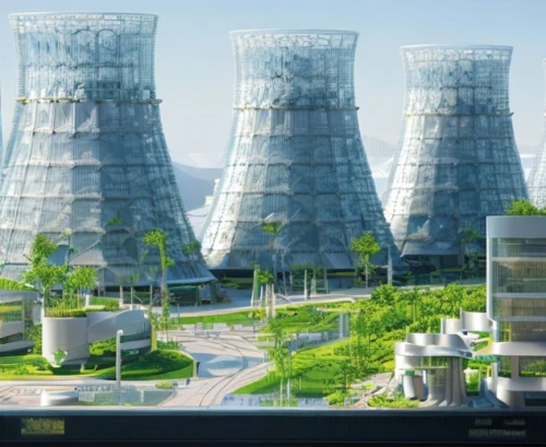 solar cell base,thermal power plant,power towers,nuclear power plant,eco-construction,cooling towers,czarnuszka plant,eco hotel,futuristic architecture,solar power plant,renewable enegy,nuclear power,power plant,energy transition,lignite power plant,renewable,cooling tower,carbon footprint,renewable energy,urban towers