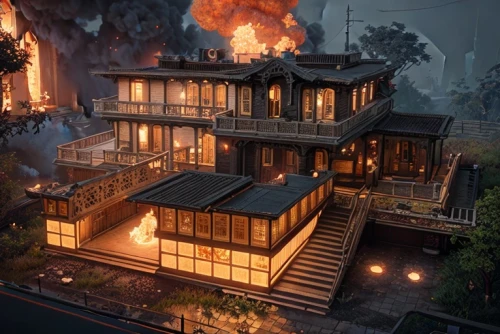 burning house,house fire,asian architecture,home destruction,apartment house,fire damage,the house is on fire,kiyomizu,tsukemono,wooden house,tigers nest,ryokan,timber house,concept art,japanese architecture,chinese temple,fire disaster,house,chinese architecture,wooden houses