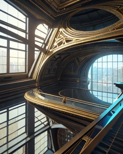 vertigo,sky space concept,the observation deck,winding staircase,futuristic architecture,staircase,stairwell,observation deck,spiral staircase,art deco,futuristic art museum,penthouse apartment,escalator,skyscraper,elevators,maglev,fantasia,metropolis,the skyscraper,hall of the fallen