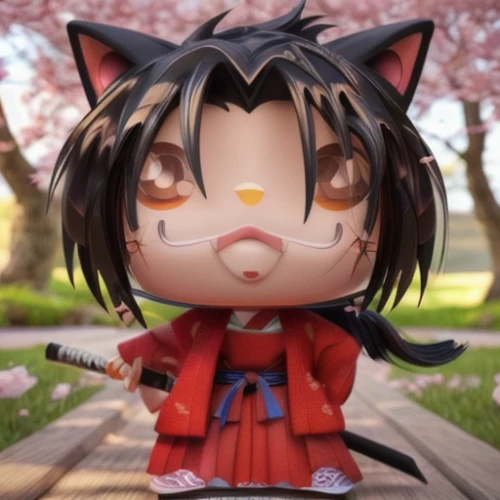 blossom kitten,jin deui,plush figure,yujacha,iaijutsu,vax figure,doll cat,cute cartoon character,jiji the cat,inari,howl,takato cherry blossoms,komajirou,goji,chibi,sakura blossom,kitfo,takikomi gohan,cat kawaii,samurai