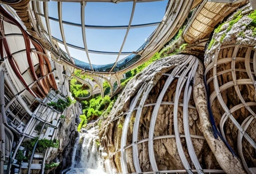 tree house hotel,eco hotel,eco-construction,hahnenfu greenhouse,hanging houses,panoramical,bamboo curtain,environmental art,tree house,pachamama,plant tunnel,spiral staircase,hanging temple,flower dome,tigers nest,mirror house,outdoor structure,roof landscape,futuristic architecture,wooden construction