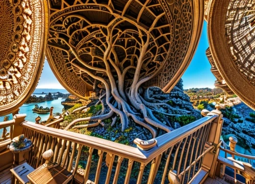 tree house hotel,tree house,treehouse,tree of life,gold foil tree of life,spiral staircase,celtic tree,dragon tree,canarian dragon tree,patterned wood decoration,snake tree,wood art,bamboo curtain,wood structure,wooden construction,largest hotel in dubai,magic tree,gaudí,dragon palace hotel,silk tree