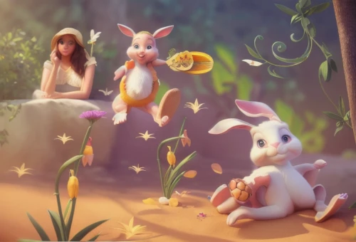 fairy forest,fairy world,rabbits and hares,fairies,female hares,hare trail,children's fairy tale,rabbits,easter background,rabbit family,bunnies,easter rabbits,fairy tale,alice in wonderland,springtime background,peter rabbit,hares,fairy tale character,easter theme,3d fantasy