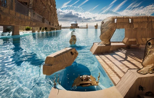 underwater playground,diving gondola,infinity swimming pool,3d fantasy,atlantis,noah's ark,boat rapids,aqua studio,dug-out pool,wooden boat,tokyo disneysea,floating huts,floating stage,pirate ship,water sofa,popeye village,swimming pool,water taxi,sunken ship,pedal boats