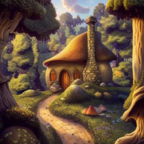 fairy house,mushroom landscape,fairy village,hobbiton,house in the forest,little house,fairy chimney,home landscape,thatched cottage,round hut,witch's house,fantasy landscape,small house,cottage,druid grove,tree house,fairy forest,hobbit,campsite,fairy tale castle