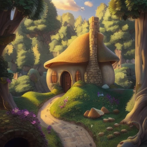 fairy house,hobbiton,druid grove,fairy village,dandelion hall,home landscape,little house,house in the forest,beautiful home,knight village,witch's house,mushroom landscape,fairy chimney,fairy tale castle,cartoon video game background,traditional house,ancient house,small house,aurora village,merida