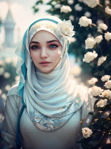 islamic girl,hijab,hijaber,muslim woman,muslim background,muslima,white rose snow queen,arabian,rem in arabian nights,abaya,mystical portrait of a girl,girl in flowers,fairy tale character,persian poet,beautiful girl with flowers,fantasy portrait,arab,koran,romantic portrait,girl in a historic way