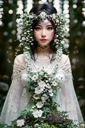 girl in a wreath,dead bride,girl in flowers,bridal veil,flower fairy,beautiful girl with flowers,mystical portrait of a girl,flower girl,bridal,garden fairy,faery,white rose snow queen,bride,white blossom,faerie,bridal dress,girl in the garden,elven flower,fairy queen,wreath of flowers