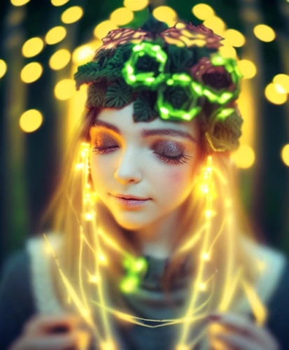 mystical portrait of a girl,faery,headlamp,luminous garland,faerie,light mask,the enchantress,fireflies,luminous,light effects,glowworm,fractal lights,fairy lights,dryad,fae,bokeh lights,fantasy portrait,divine healing energy,illuminate,light fractal