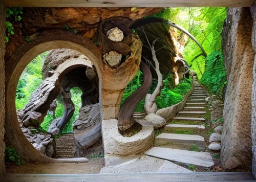 stone stairway,winding steps,spiral staircase,stone stairs,park güell,winding staircase,spiral stairs,circular staircase,enchanted forest,fairy door,tree house,tree house hotel,outside staircase,climbing garden,tunnel of plants,secret garden of venus,limestone arch,gaudí,wooden stairs,fairy village