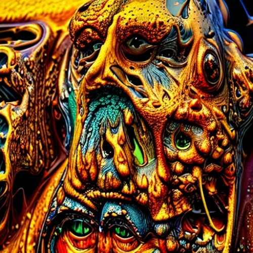psychedelic art,neon body painting,gold paint stroke,fractalius,mandelbulb,wood carving,gold mask,carved wood,skull sculpture,multicolor faces,golden mask,bodypainting,carved,png sculpture,wood art,intricate,computer art,body art,digiart,fractals art