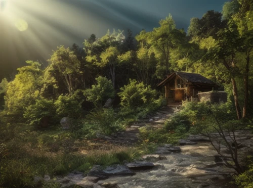 the cabin in the mountains,house in the forest,house in mountains,house in the mountains,mountain hut,small cabin,log cabin,landscape background,home landscape,summer cottage,mountain huts,wooden hut,world digital painting,digital compositing,alpine hut,log home,mountain station,render,mountain settlement,fantasy landscape