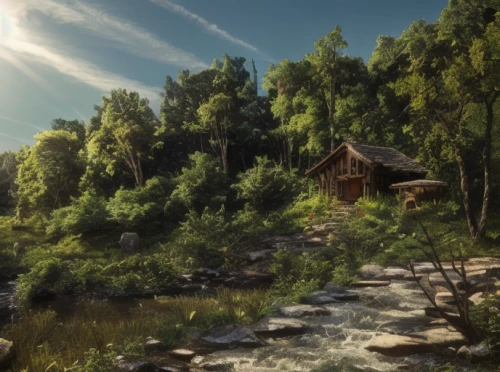 the cabin in the mountains,house in the forest,house in mountains,house in the mountains,small cabin,summer cottage,landscape background,home landscape,log cabin,log home,idyllic,mountain settlement,house with lake,cottage,water mill,wooden hut,house by the water,fisherman's house,render,wooden house
