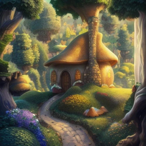 fairy house,fairy village,hobbiton,druid grove,mushroom landscape,fairy chimney,fairy forest,house in the forest,elven forest,fairy tale castle,dandelion hall,fantasy landscape,fairy world,fairytale forest,witch's house,home landscape,tree house,enchanted forest,little house,knight village