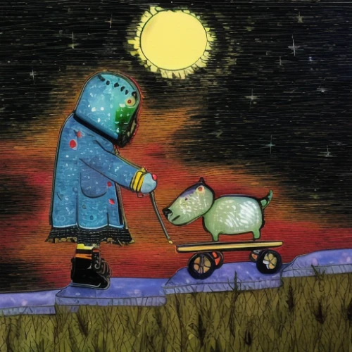 moon car,scarecrows,dog illustration,moon rover,kids illustration,farmer,chalk drawing,moon vehicle,boy and dog,scarecrow,smaland hound,scrap collector,night scene,et,tractor,autumn chores,game illustration,sheep knitting,sheep-dog,camera illustration