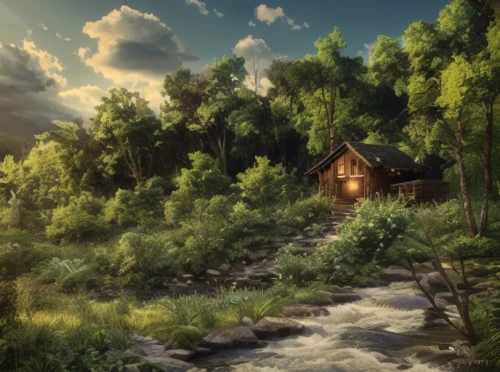 house in the forest,the cabin in the mountains,summer cottage,home landscape,small cabin,house in mountains,log home,house in the mountains,log cabin,little house,landscape background,wooden house,cottage,house with lake,idyllic,beautiful home,digital compositing,water mill,country cottage,fisherman's house