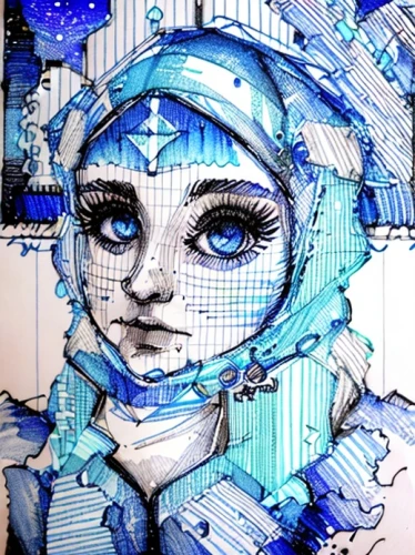 headscarf,pierrot,veil,porcelaine,winterblueher,aquarius,paper art,cloth doll,fabric painting,hijab,computer art,blue and white,artist doll,blue and white porcelain,blue painting,bjork,cross-stitch,comic halftone woman,graph paper,blue snowflake