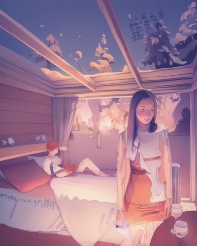 capsule hotel,houseboat,studio ghibli,the little girl's room,autumn camper,dream world,snowhotel,small camper,girl on the boat,3d fantasy,cabin,coffee tea illustration,sci fiction illustration,sea fantasy,girl in bed,the girl in nightie,breakfast on board of the iron,dreamland,3d render,on a yacht