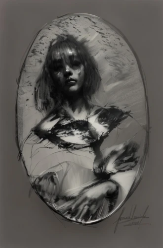 charcoal drawing,ambrotype,charcoal,charcoal pencil,graphite,crystal ball-photography,girl with a wheel,siren,tambourine,mystical portrait of a girl,portrait of christi,alfons mucha,woman portrait,handpan,pencil and paper,woman playing,fantasy portrait,chalk drawing,digital artwork,dark portrait