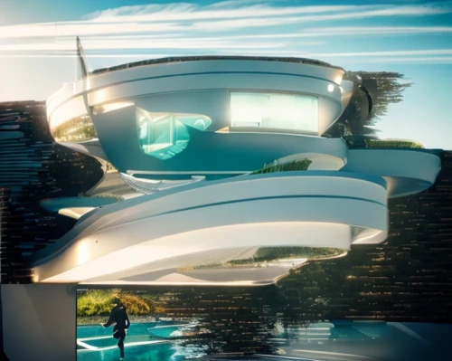 futuristic architecture,infinity swimming pool,dunes house,futuristic landscape,modern architecture,pool house,floating island,aqua studio,modern house,futuristic art museum,luxury property,3d rendering,house by the water,sky space concept,beach house,roof top pool,cubic house,archidaily,jewelry（architecture）,arhitecture