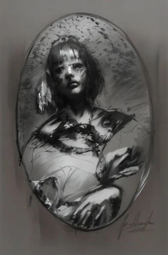 handpan,girl with a wheel,girl with cereal bowl,decorative plate,pierrot,charcoal drawing,woman sitting,glass painting,crystal ball,cybele,child portrait,alfons mucha,girl sitting,doll's head,crystal ball-photography,gothic portrait,painter doll,spherical image,graphite,the girl in the bathtub