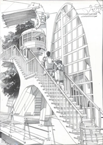 stairway,stair,kirrarchitecture,staircase,japanese architecture,ski jump,mono-line line art,concept art,escalator,circular staircase,monorail,footbridge,bridge,sky train,stairs,winding staircase,passerelle,elevated railway,dragon bridge,trestle