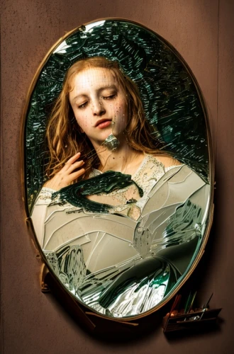 the mirror,mirror reflection,self-reflection,outside mirror,wood mirror,mirror in the meadow,reflection,mirror,mirror frame,magic mirror,reflected,reflective,reflection in water,water mirror,looking glass,mirror water,botticelli,glass painting,portrait of a girl,makeup mirror